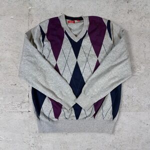 IZOD Vintage Y2K Mens Argyle V Neck Sweater Pullover Light Gray Purple Navy M